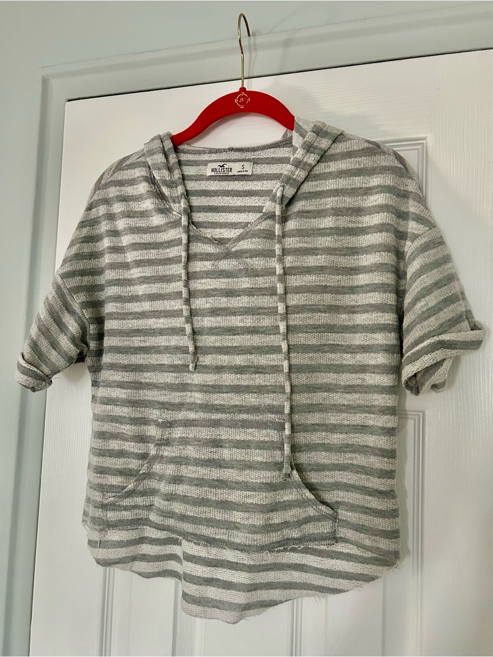 Hollister grey / heather grey striped short sleeve hoodie with raw edge hem